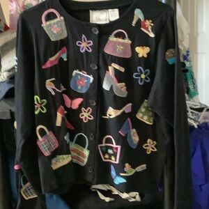 Michael‎ Simon Black Cardigan with Colorful Embroidery, Medium